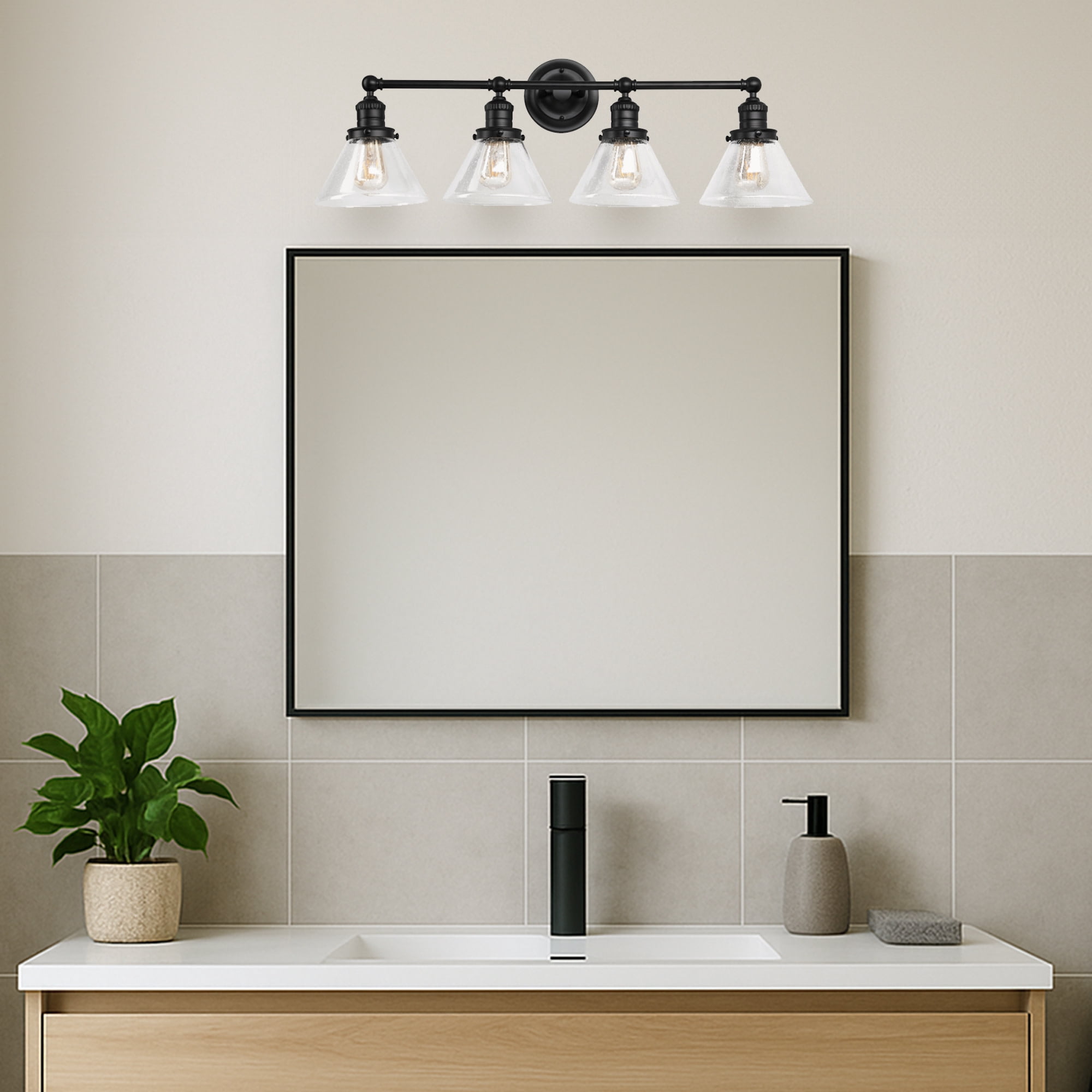 Corwin 4-Light Black Vanity Light with Seeded Glass Shades, Dimmable, Up/Down Mount, 34.9 in L x 8.3 in D x 11.1 in H