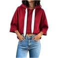 thumbnail image 4 of LEKWK Cropped Hoodie Women Drop Shoulder Short Sleeve Sweatshirt Drawstring Loose Fit Pullover Tops with Pocket Fall Casual Activewear Red M, 4 of 7