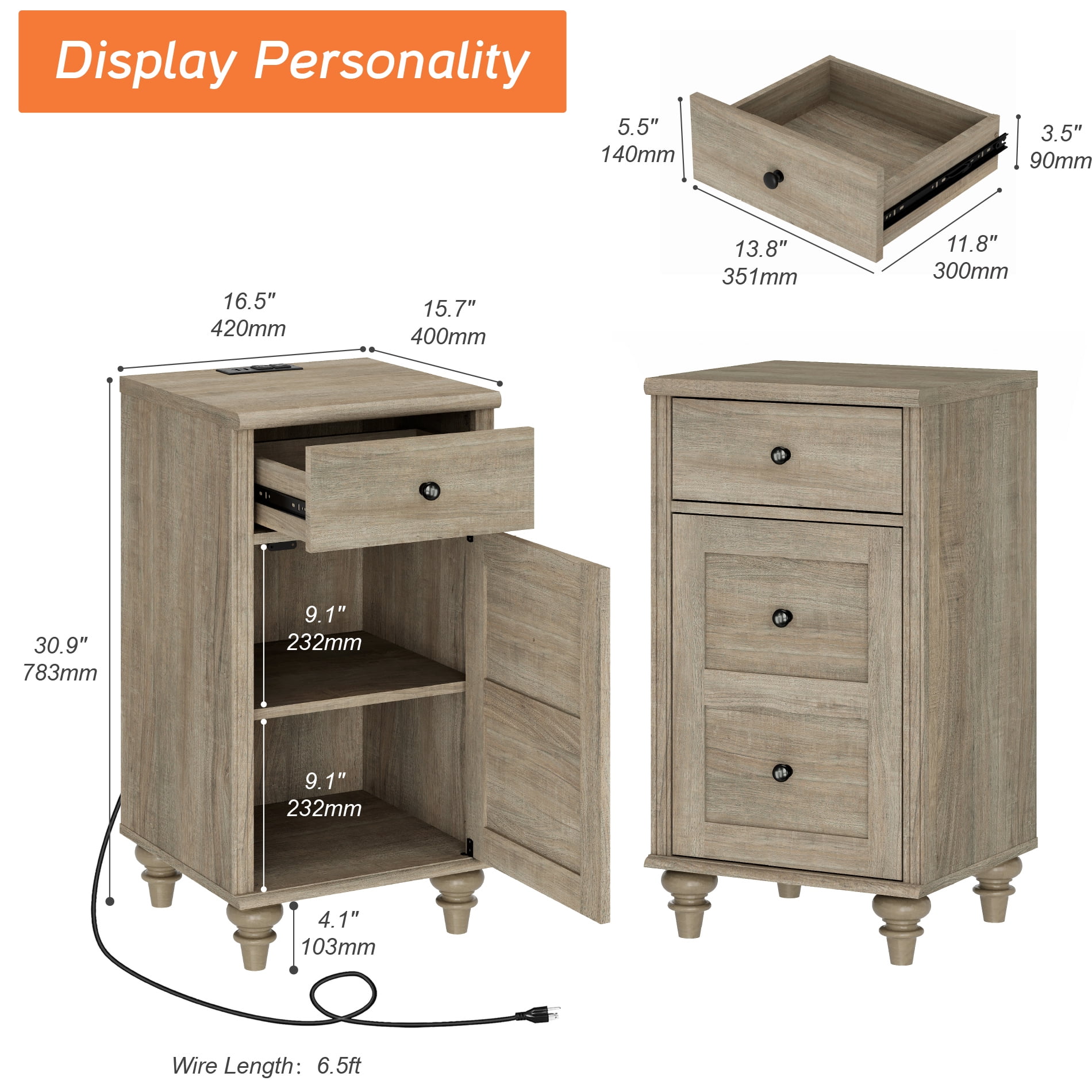Set of 2 End Tables with Charging Station, Wood Nightstands with Drawer & Storage Cabinet, Modern Farmhouse Side Tables for Living Room & Bedroom, Wash Grey