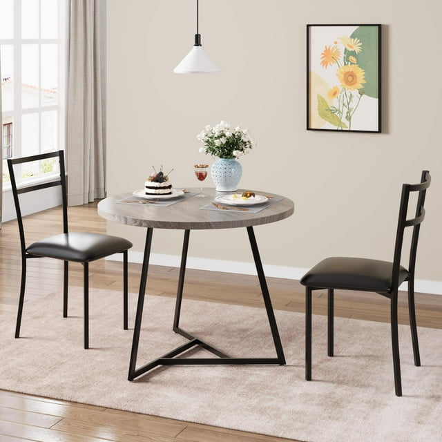 Dining Table Set for 2, Round Kitchen Table and 2 Chairs, Metal Frame, 3 Piece Kitchen Table Set for Small Space, Apartment, Studio