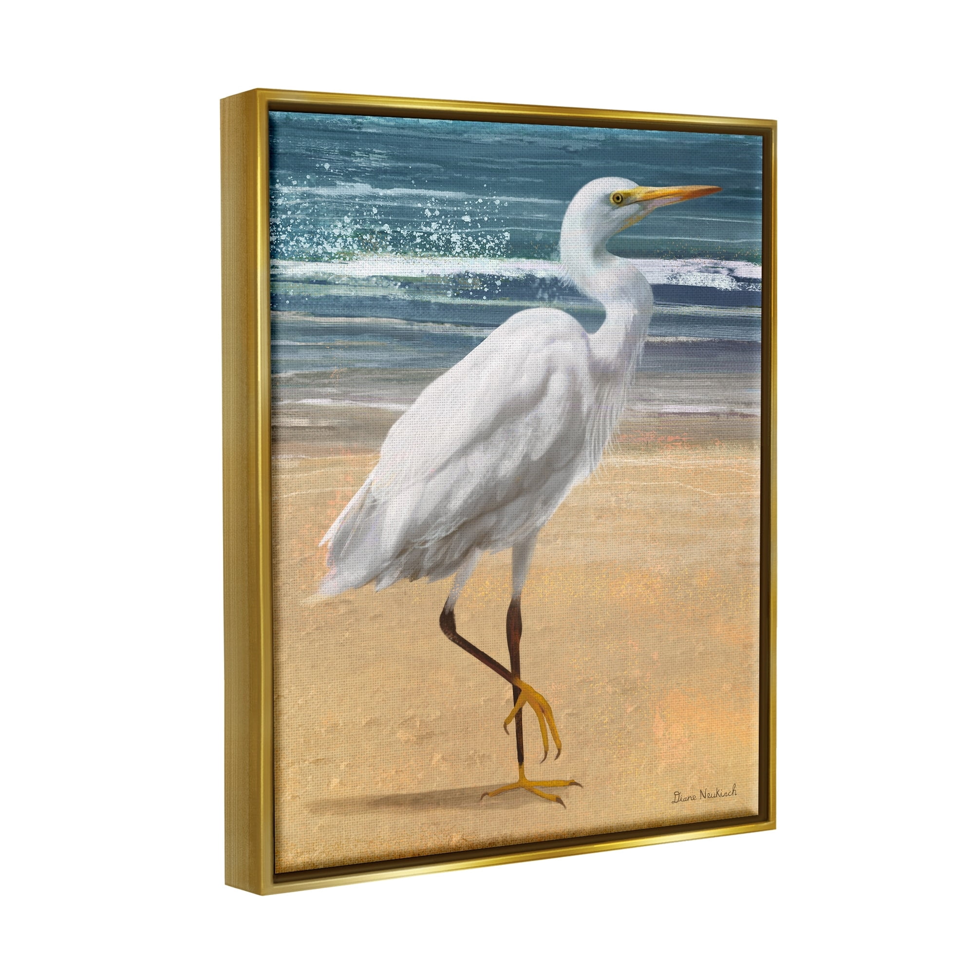 Stupell Industries White Heron Bird Standing Beach Shoreline Waves Painting Metallic Gold Floating Framed Canvas Print Wall Art, Design by Diane Neukirch