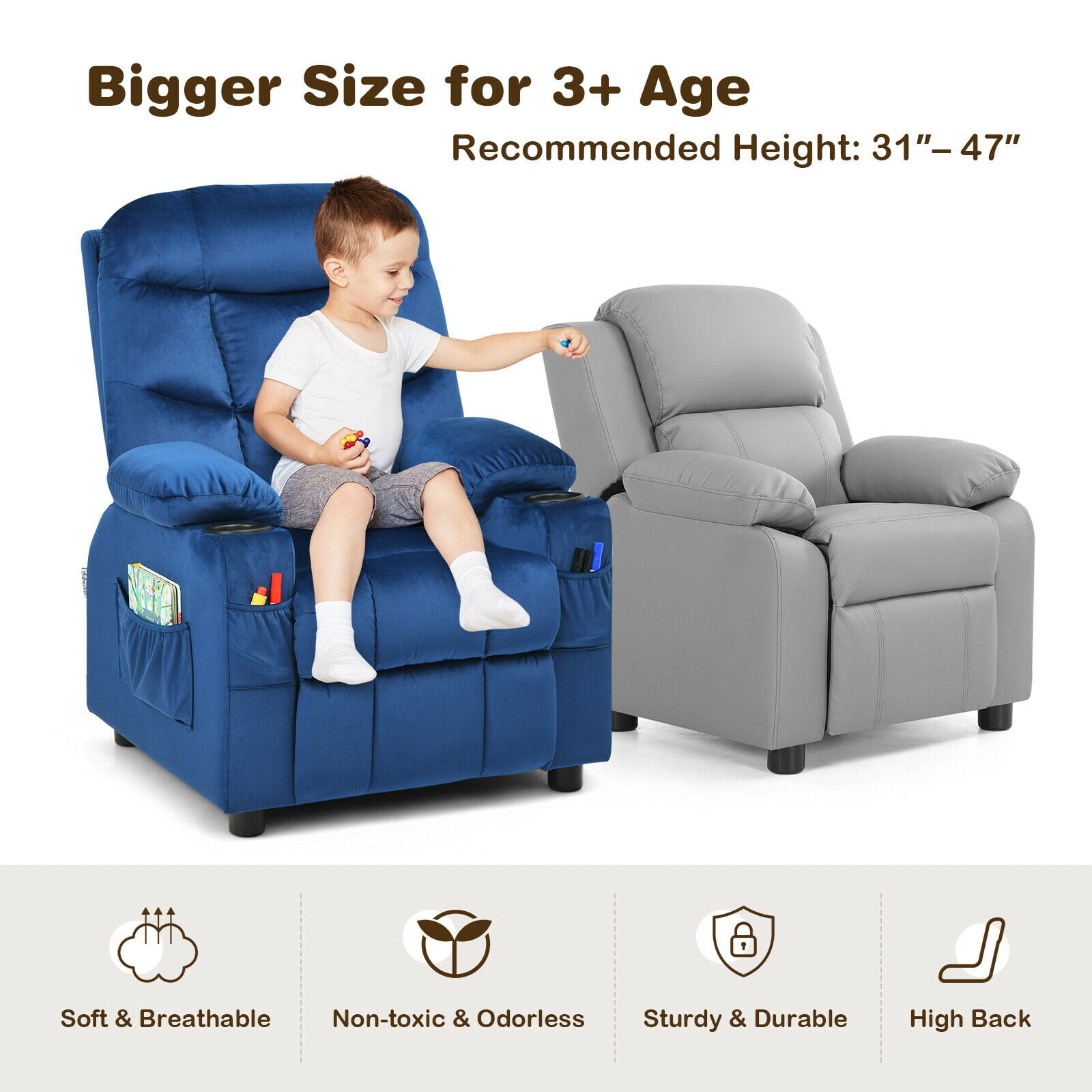 Gymax Kids Youth Recliner Chair Velvet Fabric w/Cup Holder & Side Pocket Blue