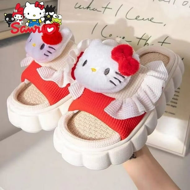 MINISO Melody Kuromi Hello Kitty Cinnamoroll Pochacco Linen Slippers Women s Soft Thick Bottom Non slip Indoor Home Slippers