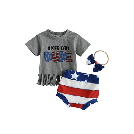 

Bagilaanoe 4th of July Clothes for Toddler Baby Girls Letter Print Short Sleeve T-shirt Tops + Stripe Shorts + Headband 3M 6M 12M 18M 24M 3T Kids Independence Day Outfits 3pcs Short Pants Set