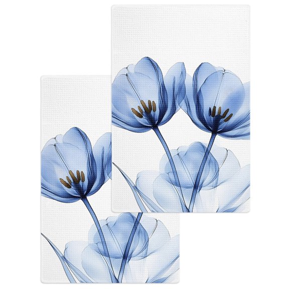 Light Blue Tulip Kitchen Dish Towels for Drying Dishes Set of 2, Farmhouse Abstract Elegant Flowers Waffle Weave Microfiber Hand Tea Bathroom Towels Quick Dry & Absorbent Towel 15.7x23.6