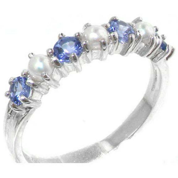 LBG 18k White Gold Cultured Pearl & Tanzanite Womans Eternity Band Ring - Size 10
