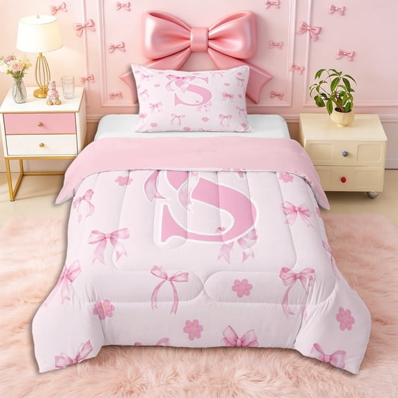 Erosebridal Letter Monogrammed S Pink Bow Twin Comforter Sets 3-Piece,Floral Cherry Blossoms Bedding Set,Pink Reversible,Breathable Home Decor