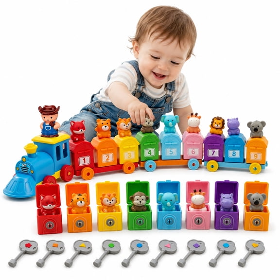ZIOBLW Toddler Montessori Learning Toy Train Set for 2-5 Years, Counting Matching Sorting Activity, Lock & Key Barn with Farm Animals Finger Puppets, Fine Motor Skills Educational Gift