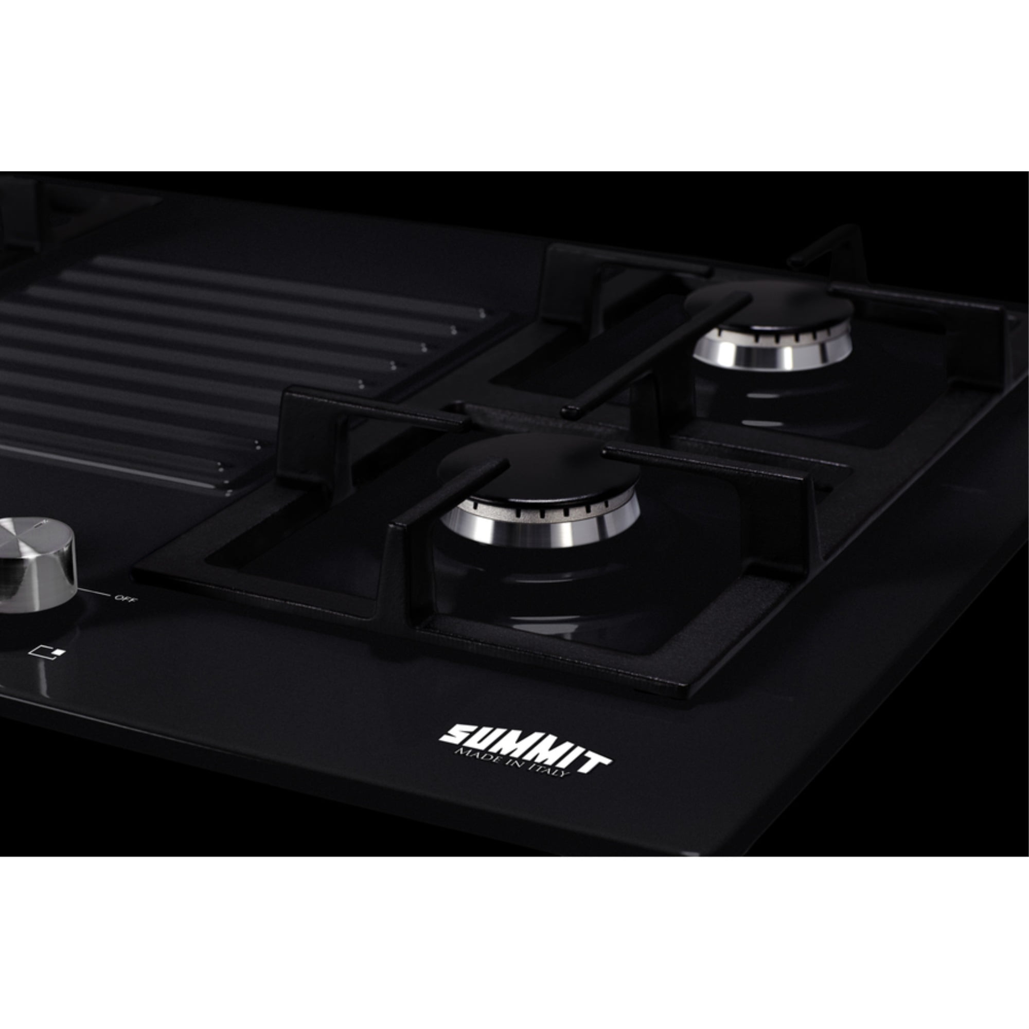 30" wide 4-burner gas cooktop in black with sealed burners and cast iron grates