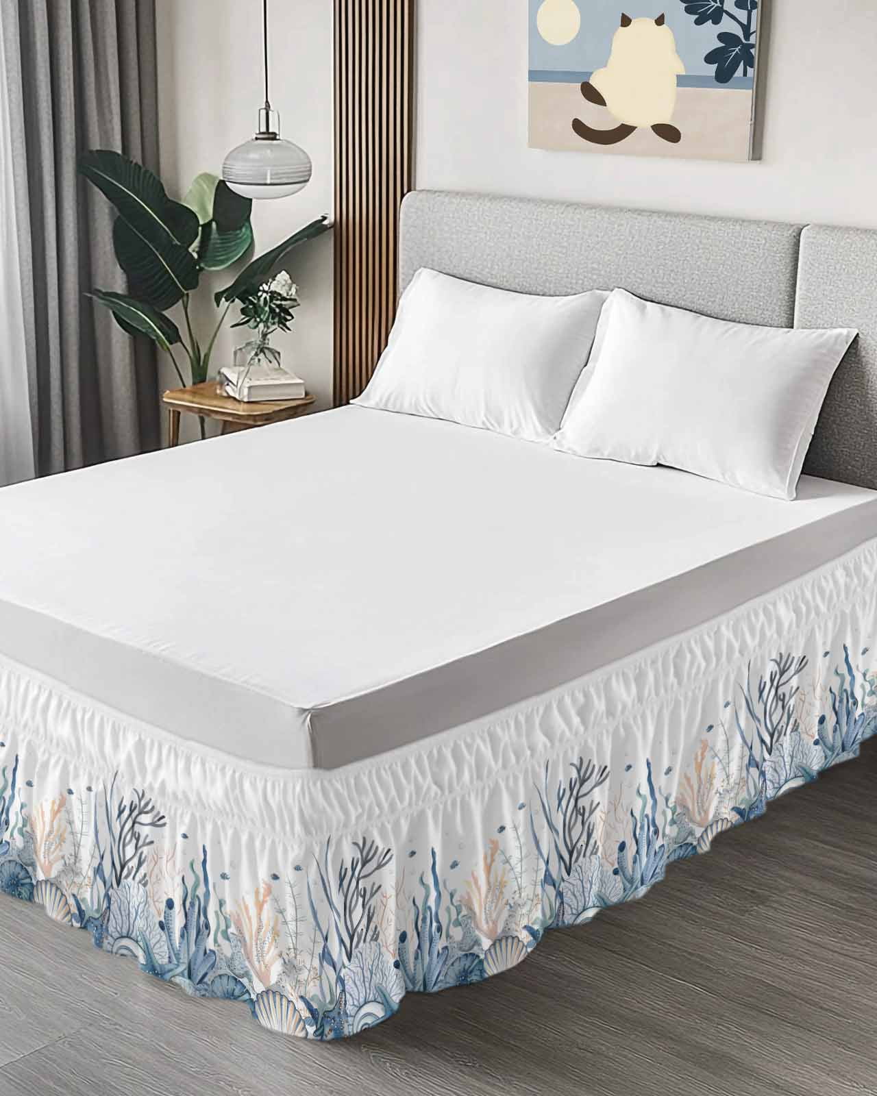 Summer Coastal Coral Wrap Around Bed Skirts for Queen Bed 16" Drop, Bed Skirt with Adjustable Elastic Belt Dust Ruffle Bed Valance for Bedroom Hotel Luxury Blue Ocean Conch Shell Blue Bed Frame Cover
