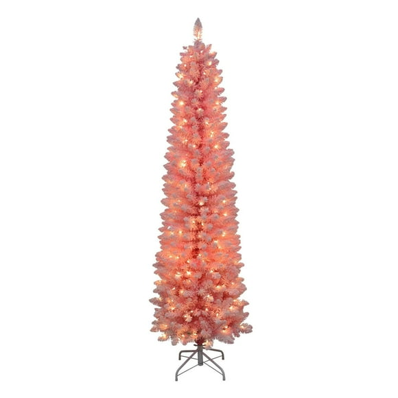 6.5 PI prééclairé rose floqué pin mince arbre, 200 lumières led blanc chaud, 600 conseils