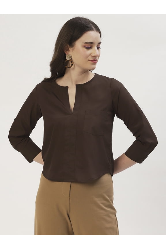Women's Solid Poly Crepe Mandarin Collar 3/4th Tie-up Sleeves Top Deep V Neck Curved Hem Casual Summer Wear Waist Length Regular Top
