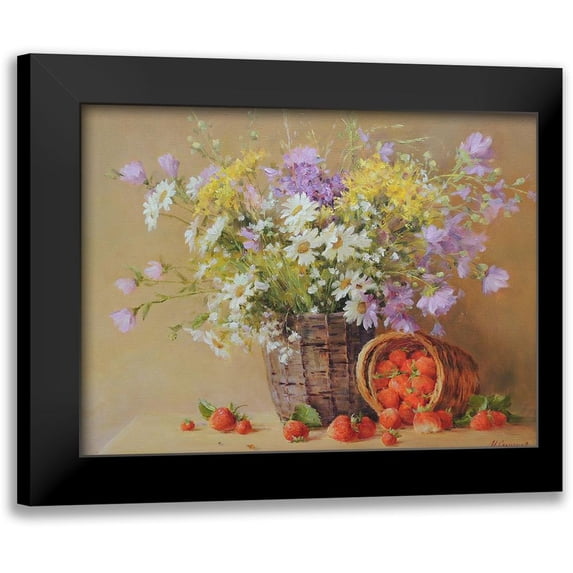 Smirnov, Igor 14x12 Black Modern Framed Museum Art Print Titled - Basket with Flowers and Strawberries