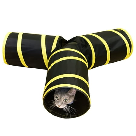 Purrfect Feline - 3 Way Cat Tunnel and Crinkle Cat Toy - Interactive Cat Toy with Cat Ball Included - Kitten Toys & Cat Supplies for Indoor Cats, Ferrets, Rabbits or Small Dogs - Yellow - M