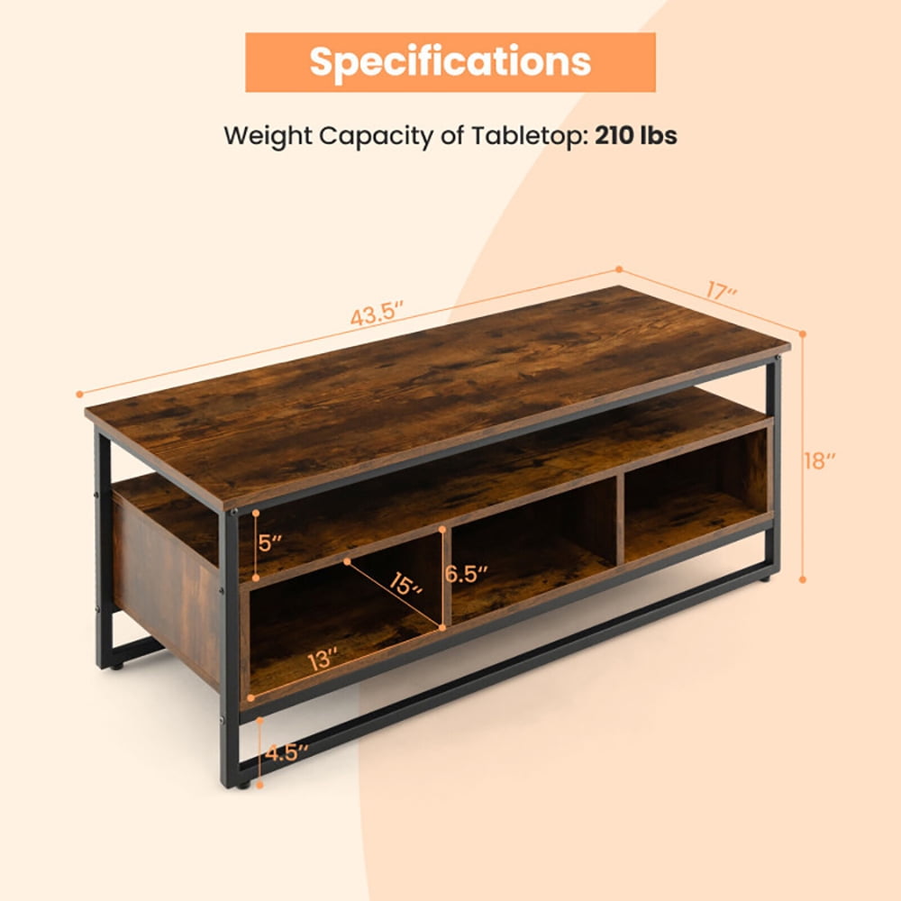 Finihen Industrial Coffee Table, 3-Tier Industrial Style Coffee Table with Open Shelf and 3 Storage Cubbies, for Living Room, Reception Room, Office, Rustic Brown Finihen Industrial Coffee Table, 3-Tier Industrial Style Coffee Table with Open Shelf and 3 Storage Cubbies, for Living Room, Reception Room, Office, Rustic Brown