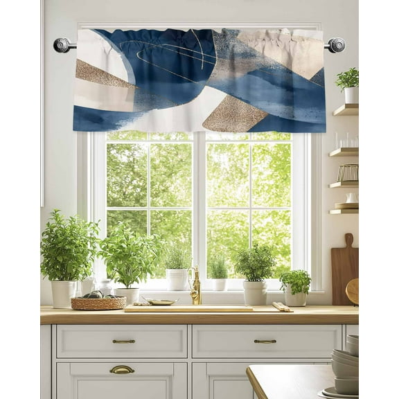 Curtain Valance for Windows,Blue Block Abstract Geometric Kitchen Valances Rod Pocket Short Curtains,Gold Foil Ombre Gradient Window Treatment Panel for Bedroom Bathroom 42"x18"