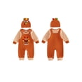 thumbnail image 2 of Loicainy Infant Baby Boy Thanksgiving Outfit 3 6 9 12 18 Months Striped Crew Neck Long Sleeve Romper Turkey Print Overalls and Hat 3 Pcs Clothes Set, 2 of 9