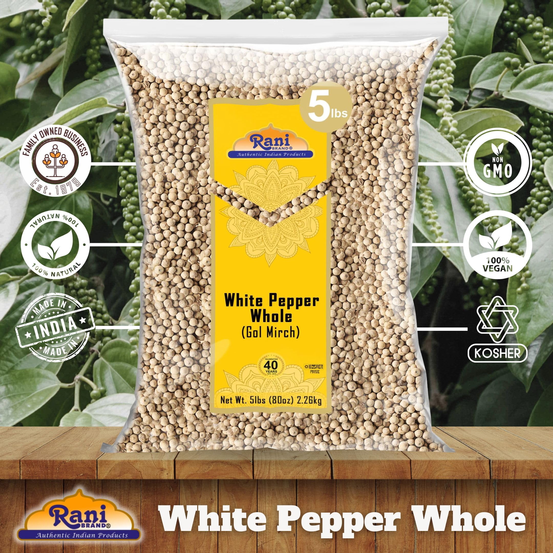 Rani White Pepper (Gol Mirch), Whole Spice 80oz (5lbs) 2.27kg Bulk ~ All Natural | Vegan | Gluten Friendly| NON-GMO | Kosher | Indian Origin