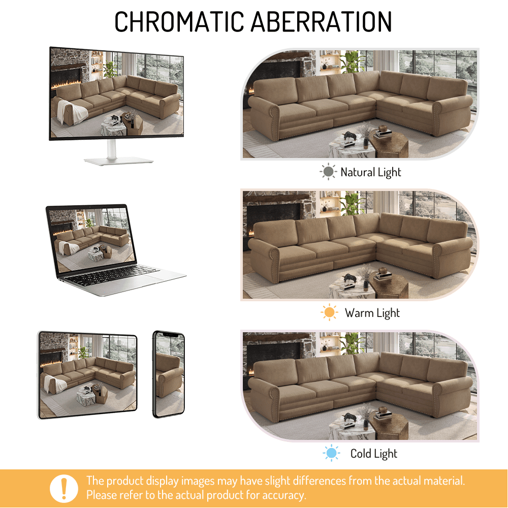 LLappuil Sectional Sofa, Pull Out Sofa Bed King Size, 6 Seat Chenille Sofa Couch Convertible Sleeper Sofa Bed for Living Room Camel
