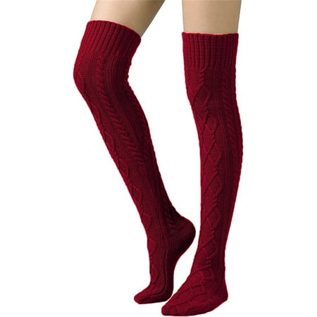 

NOGIS Women s Thigh High Knitted Winter Boot Socks Vintage Extra Long Leg Warmer Over Knee High Stockings (Wine)