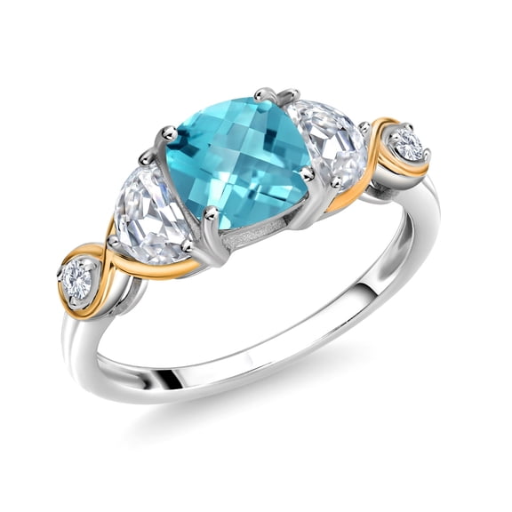 Gem Stone King 925 Silver and 10K Yellow Gold 3-Stone Ring Cushion Topaz Half Moon Moissanite (1.78 Carat Cttw) (Size 6)