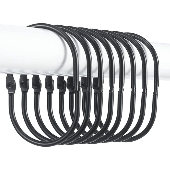 Siloon Shower Curtain Rings, 12 Pcs Shower Curtain Hooks, Oval Snap Shower Rings for Curtain, Metal Black Shower Curtain Rings Rust Proof, Glide Smoothly Shower Hooks for Shower Curtain Rod (Black)