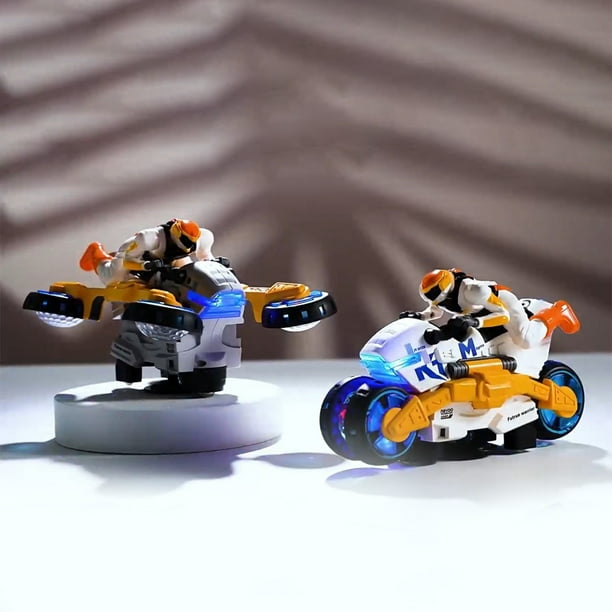 Juguete de motocicleta transformable de acrobacias | Luces LED coloridas y música | Conducción automática y prevención de colisiones | Ruedas luminosas | Regalo Interactivo | Plástico | Amarillo
