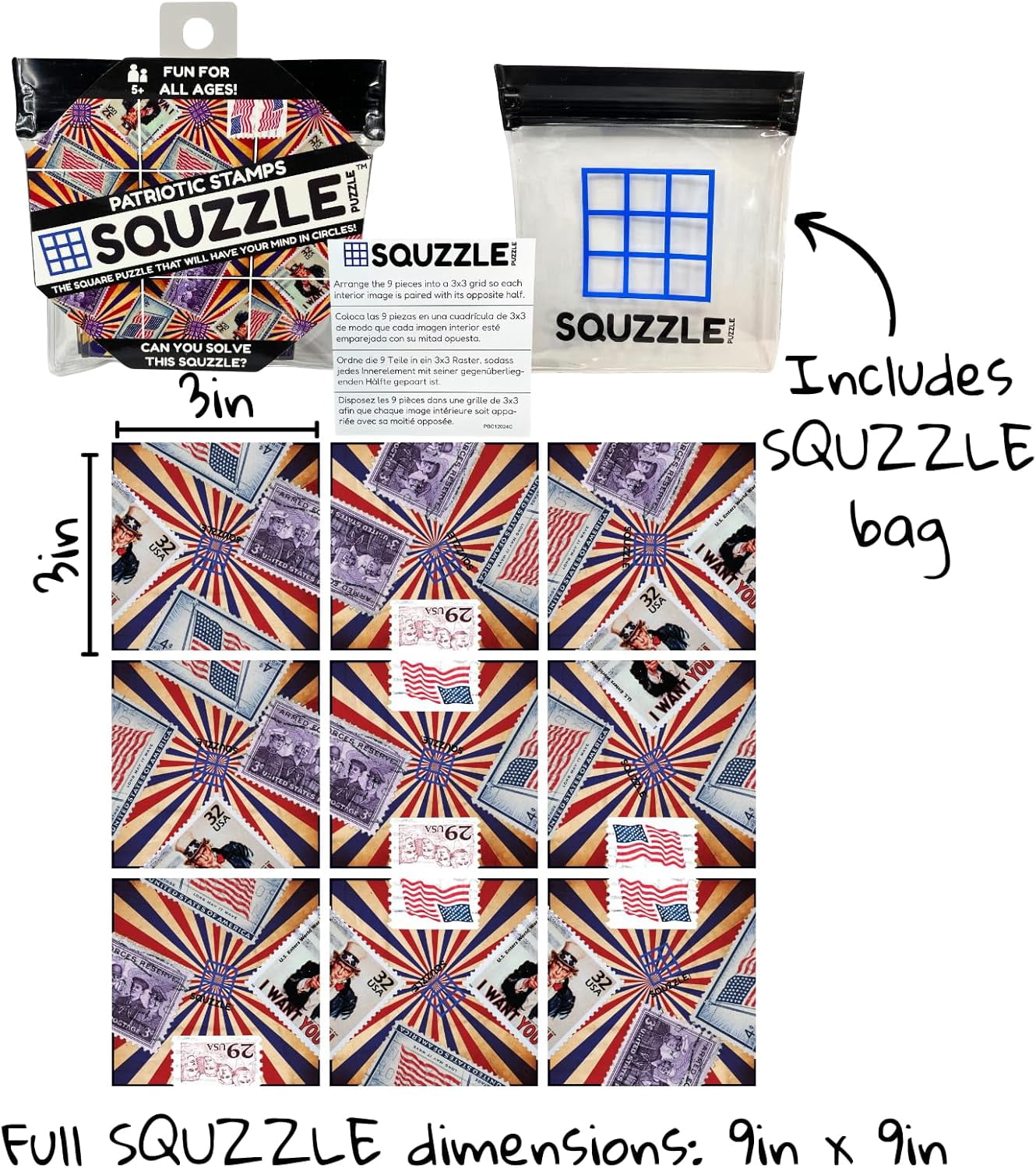 Squzzle Puzzle – 9-Piece Travel Puzzle Game | Screen-Free Brain Teaser Puzzle for Focus & Problem Solving | (Patriotic, American, America's 250th Anniversary)