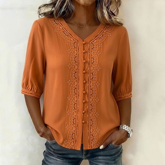 Womens Tops Embroidery Elbow Length Sleeve T-Shirts for Women Button Down V Neck Summer Dressy Casual Tshirts