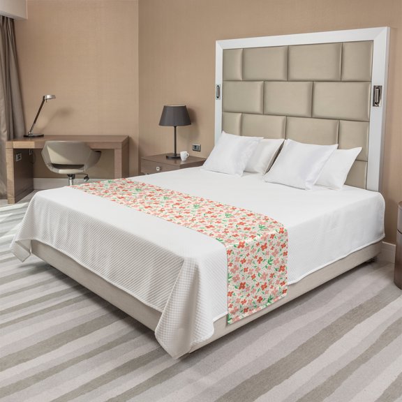 Floral Bed Runner, Blooms Petals Pastel Meadow Buds Spring Doodle, Decorative Accent Bedding Scarf for Hotels Homes and Guestrooms, Queen, Salmon Blush, by Ambesonne