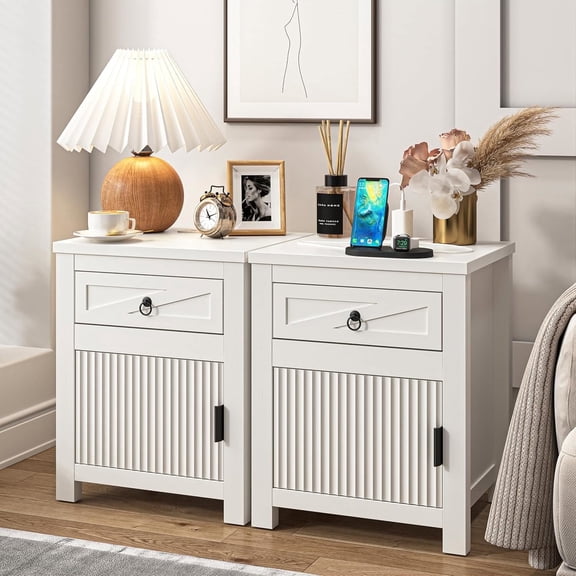 Modern Fluted Nightstand with Charging Station, Bedside Table with Drawer & Cabinet, 24" Tall Wood End Table with USB & AC Outlets, White, Set of 2