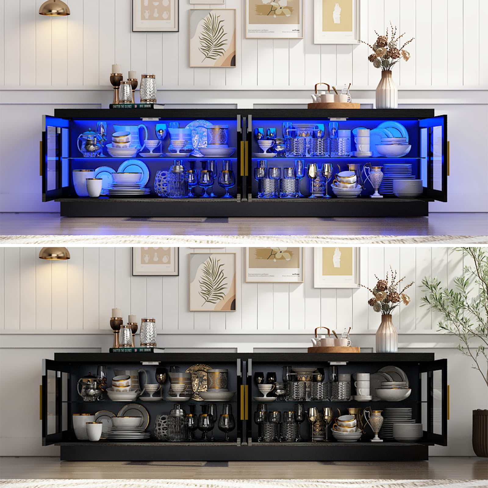 ChVans 71" LED TV Stand for 85/80/75inch TV, High Glossy Entertainment Center with Storage Cabinet & Glass Door, Modern TV Console Media Cabinet for Living Room, Bedroom (Black)