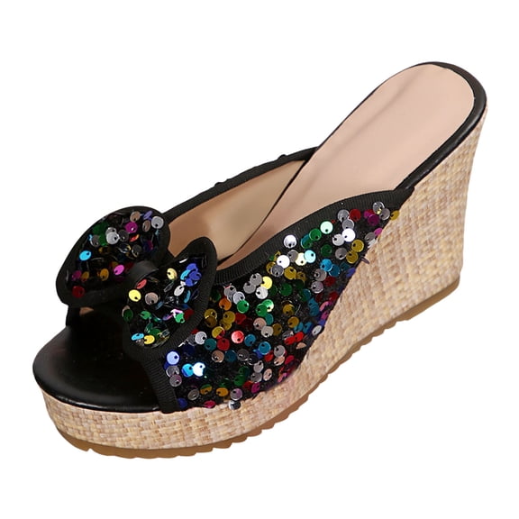 Rokment Women's Glitter Sequin Bow Platform Wedge Dress Sandals Holiday Black Fashion Casual Bling Espadrilles Chunky High Heels Dressy Slip on Beach Summer Heeled Slides for Woman Size 6.5