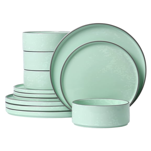 ALOFMO 12-Piece Light Green Reactive Glaze Ceramic Dinnerware Set,Modern Stoneware Plates Bowls Service for 4, Anti-Slip Scratch-Resistant