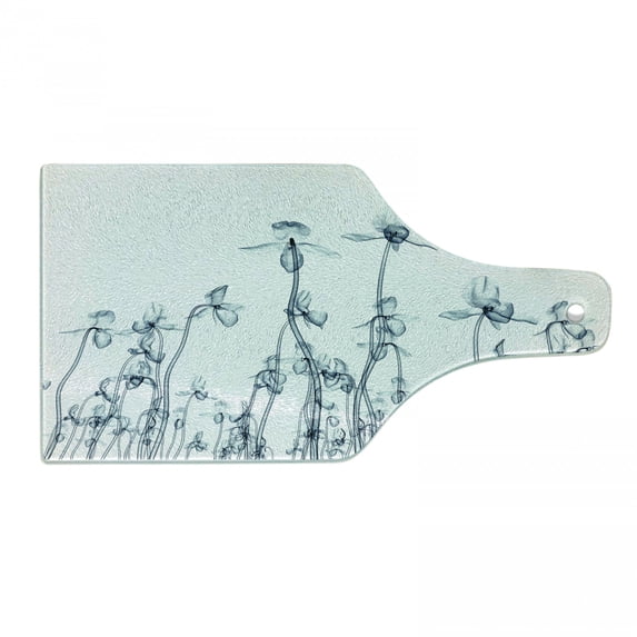 Flower Cutting Board, X-ray Photo of a Group of Orchids Bottom to Top Rare Unseen Art in Complex Nature, Tempered Glass Cutting and Serving Board, Wine Bottle Shape, Teal White, by Ambesonne