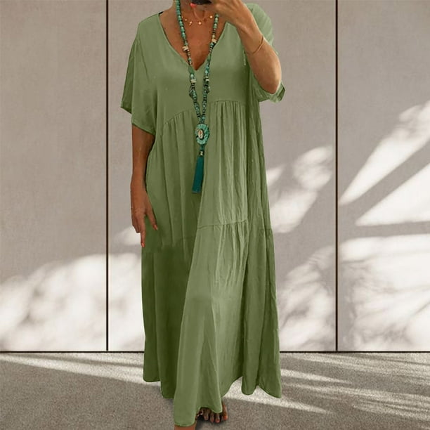 ICHUANYI Clearance Women's Cotton Linen Solid Color Loose V-neck Short Sleeved Dress(Army Green, XXL) ICHUANYI WER2023081112186