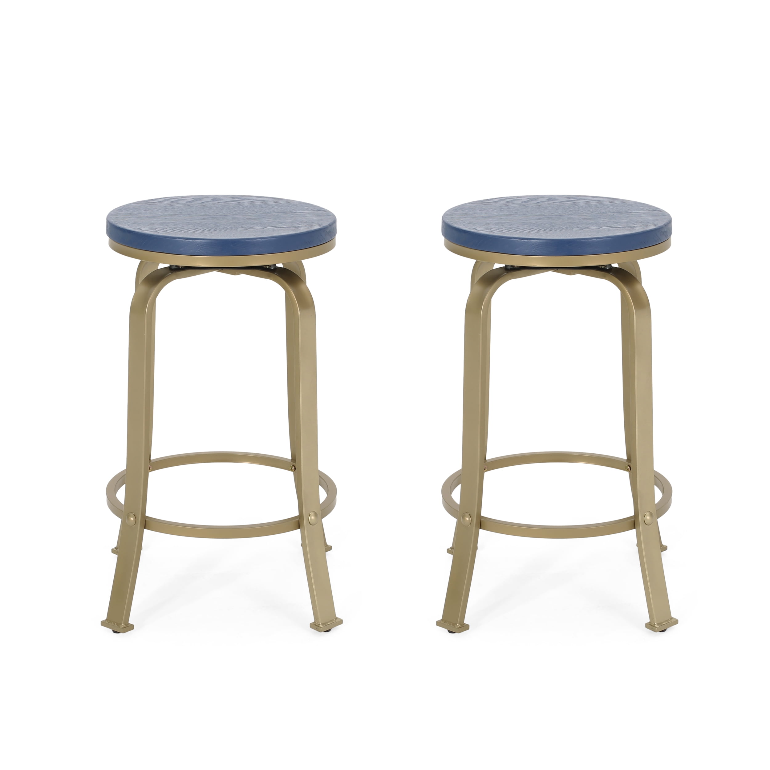 Noble House Salome Modern Industrial Faux Wood Overlay Swiveling Counter Stool, Set of 2, Blue and Gold