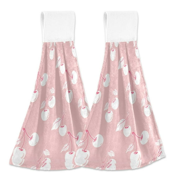 2 Pcs Kitchen Hand Towels with Hanging Loops Absorbent Soft Fast Drying Decor Bath Towels Lovely Pink Cherry