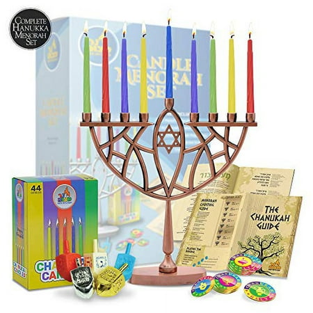 Ner Mitzvah, 9" Menorah Kit, Menorah - Candles - Dreidels - Play Coins - Hannukah Guide - (Complete Chanukah Set) Copper