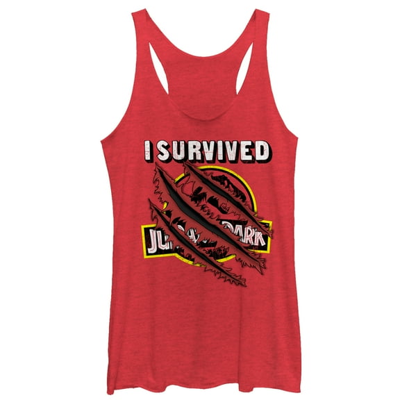 Women's Jurassic Park I Survived The Island, Raptor Claw Tear Racerback Tank Top Red Heather Medium