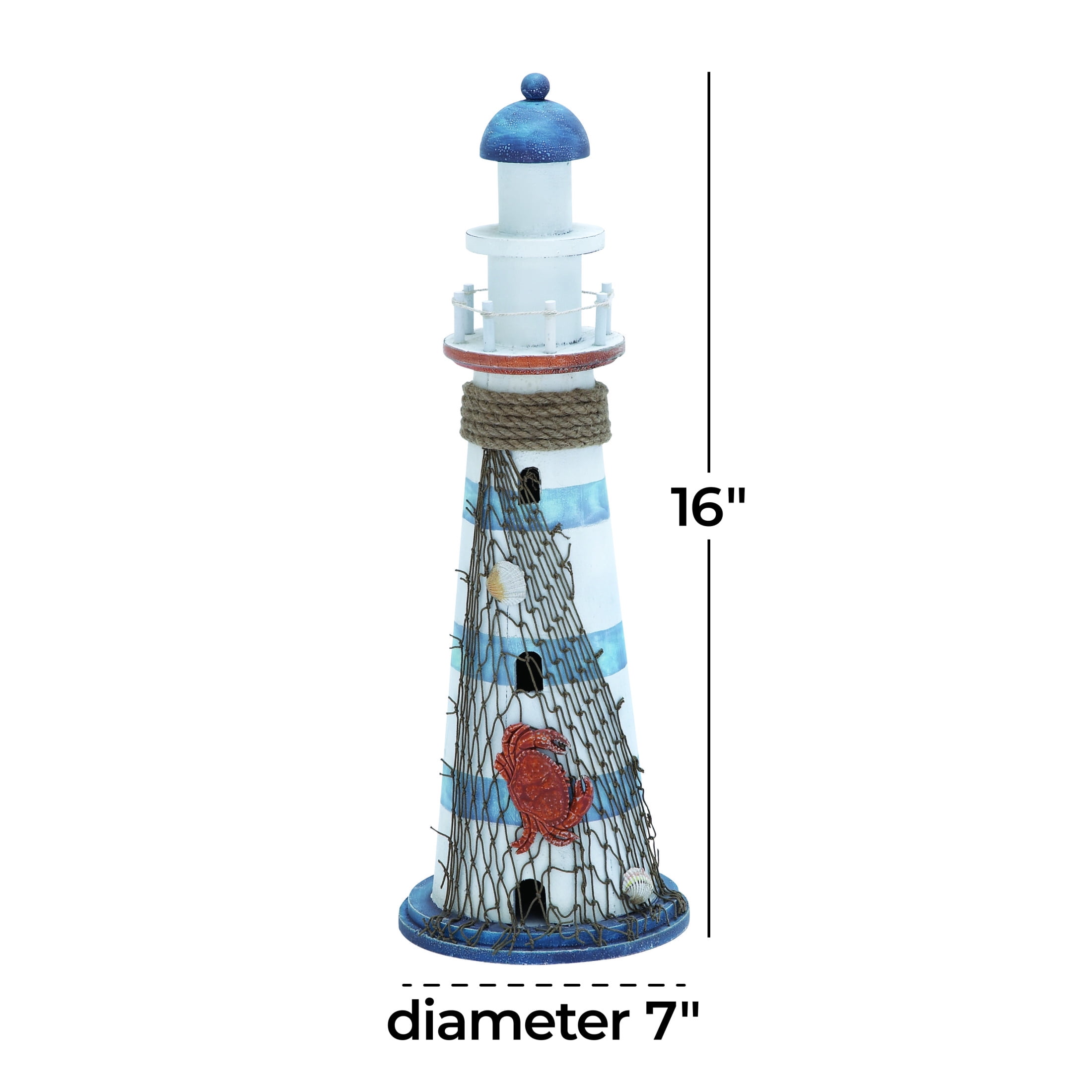 7" x 16" Blue Wood Light House Sculpture with Netting, by DecMode