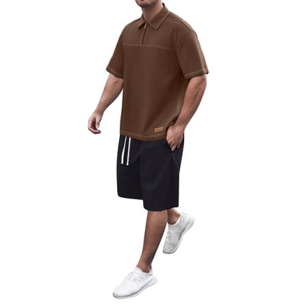 Timoontee Men s Casual Sets Lightweight Summer 2 Piece Sets Hiking Running Workout Tracksuit Short Sleeve Lapel Quarter Zip Shirts with Drawstring Shorts Coffee L