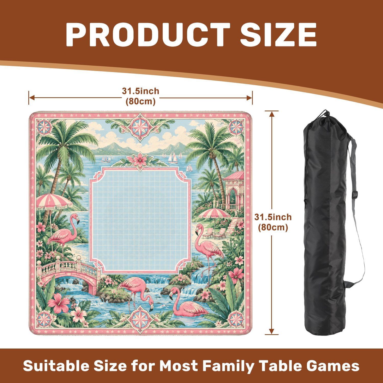 Mahjong Mat 31.5" x 31.5" Tropical Flamingo Palm Tree Pastel Pink Blue Accents Non-Slip Noise Reduction Mahjong Tiles Table Cover for Dominoes Poker Card Board and Tile Games