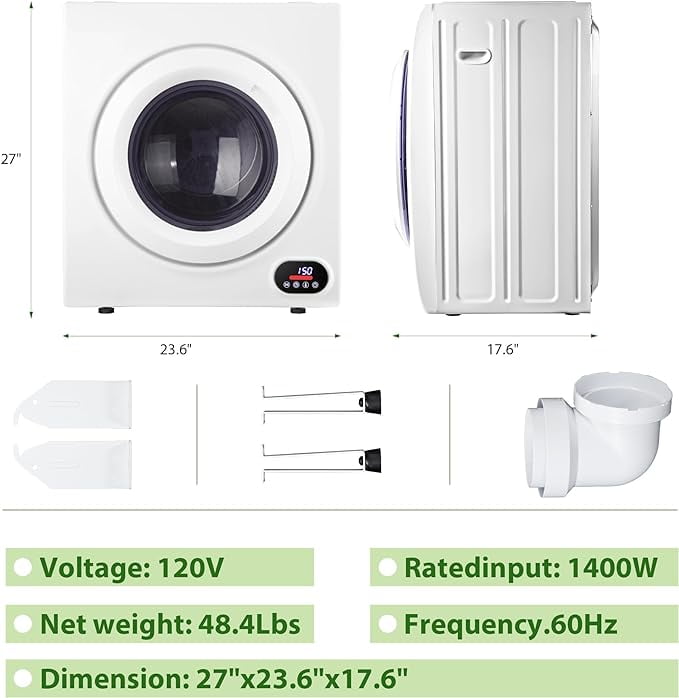 Euhomy Compact Laundry Dryer, 2.64 cu ft Front Load Stainless Steel Clothes Dryers With Exhaust Pipe, 1400W, LCD Control Panel Four-Function Portable Dryer For Apartments, Home, Dorm, White