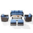 thumbnail image 5 of Opohoro 6 Piece Patio Furniture Set, Outdoor Sectional Conversation Set with Swivel Rocking Chairs, Sofa, Coffee Table & Ottomans, Brown Wicker with Blue Cushions, 5 of 14