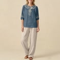 thumbnail image 6 of Ecqkame Two Piece Sets for Women Summer Casual Linen Top and Wide Leg Pants Lightweight Vacation Solid Color Outfit Set Light Blue M, 6 of 8