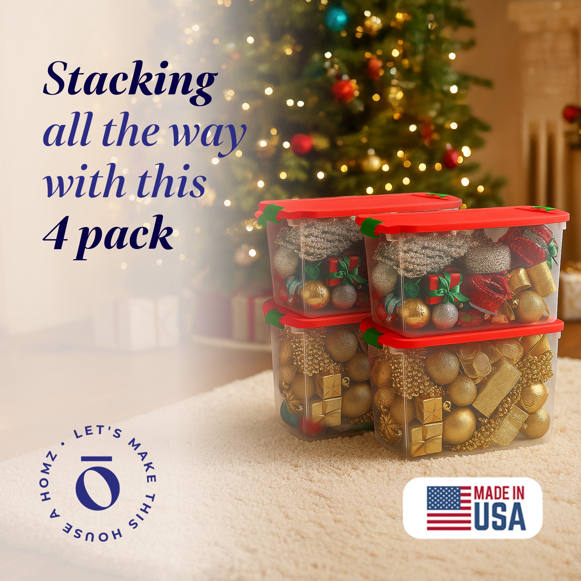 Homz Large 112 Qt Green & Red Lid Plastic Holiday Storage Tote Box