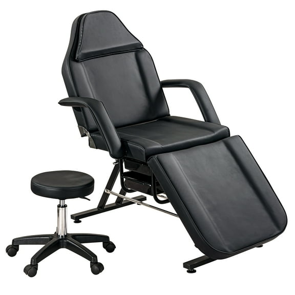 Full Size Massage Salon Tattoo Chair with Two Trays Esthetician Bed with Hydraulic Stool,Multi-Purpose 3-Section Facial Bed Table, Adjustable Beauty Barber Spa Beauty Equipment, Black,