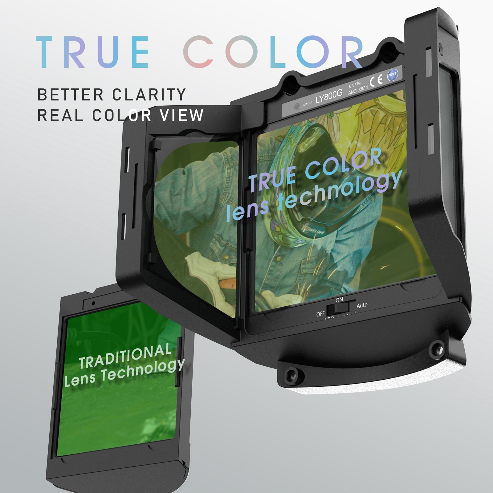 YESWELDER Auto Darkening Welding Helmet, Panoramic View with Side Lens, DIN5 Auto-Dimming, True Color, Type-C Charging