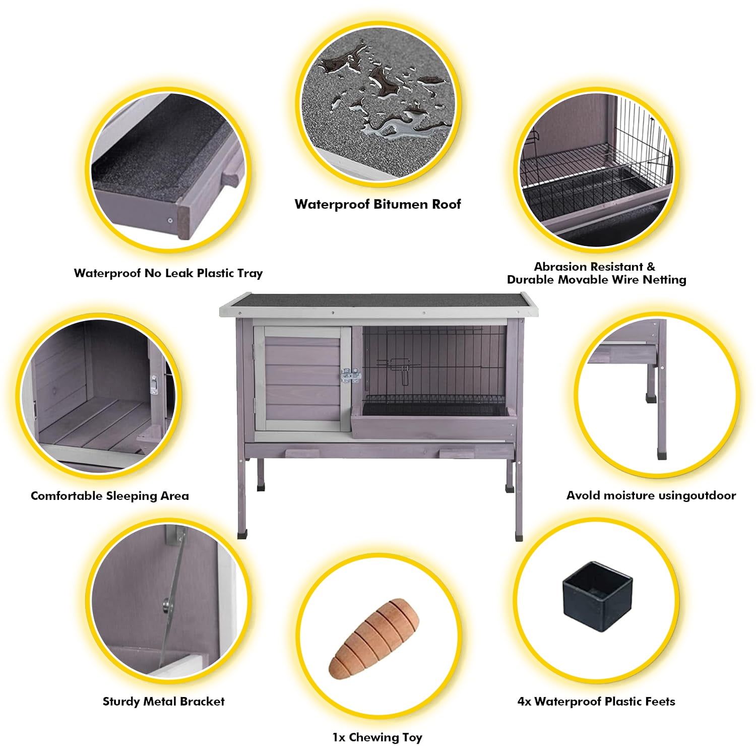 Aivituvin Rabbit Hutch, Wooden Bunny Cages Indoor with Deeper Leakproof Tray - Upgrade with Metal Wire Pan (Grey, Rabbit Hutch #001-B) Large